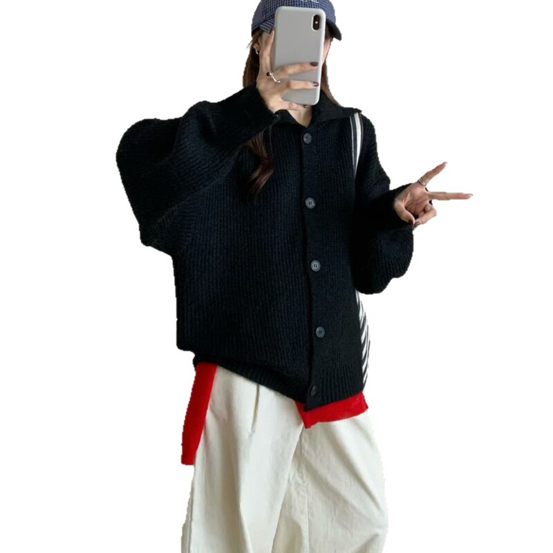韩版简约纯色立领单排扣针织衫女2025秋冬新款百搭慵懒风毛衣外套|undefined