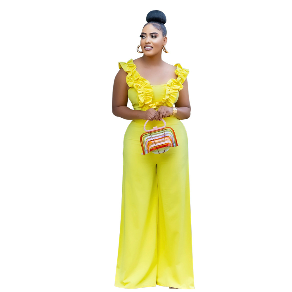 Elegant Women's One Shoulder Ruffled Slim Fit Jumpsuit Solid Colour_voghion.com