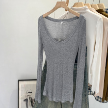 灰色低圆领正肩长袖t恤女装韩版好物2025早秋季新款体恤修身上衣