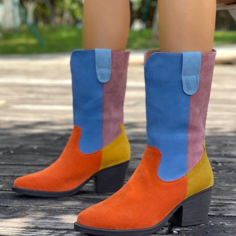 Women's Color Blocked Pointed Toe Riding Boots plus Size Slip on mid Heel Western Style Shoes for Autumn_voghion.com