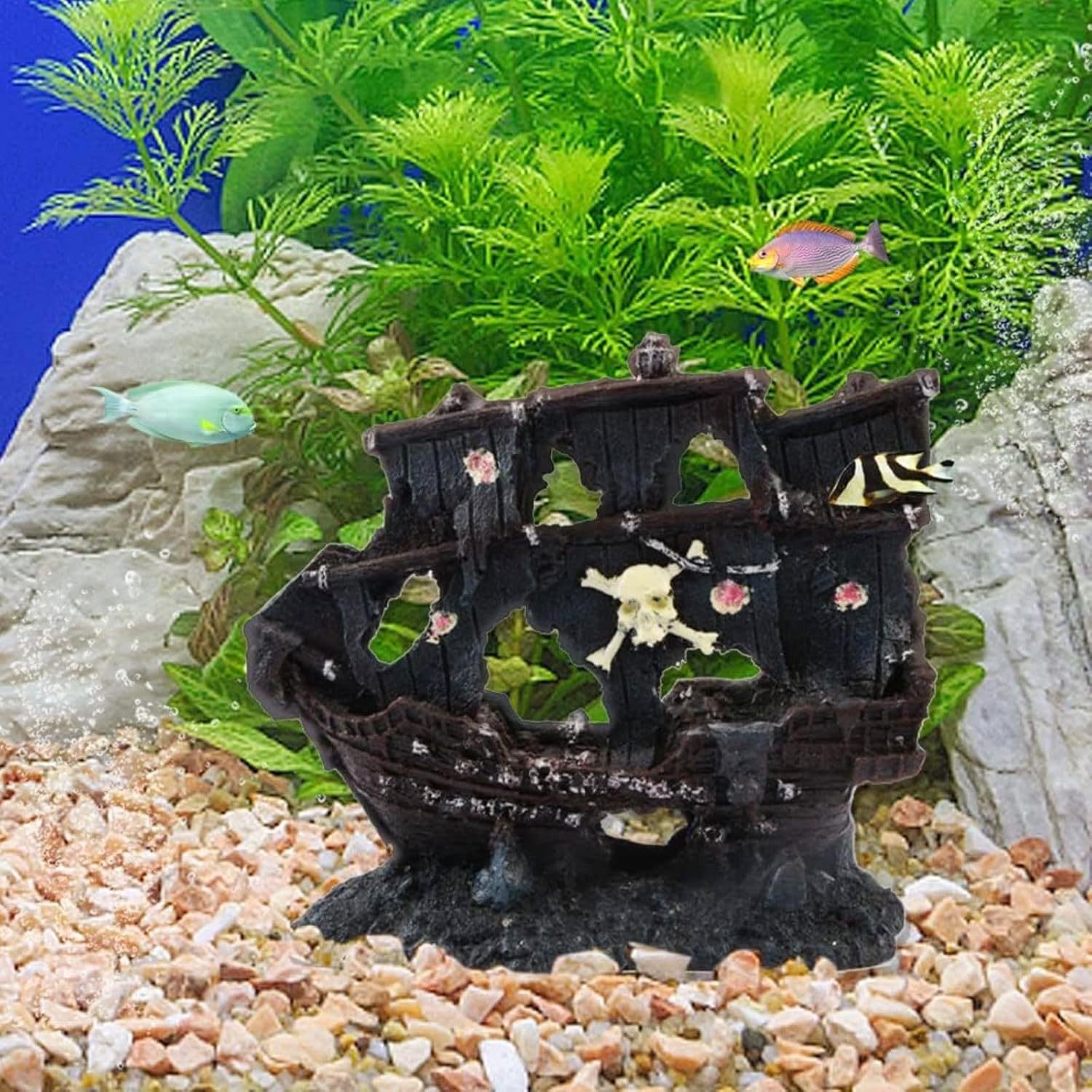 Acuario, pecera submarina, paisaje de resina, barco pirata, restos de esqueleto, artesanía del naufragio, barco roto, escondite, adornos
