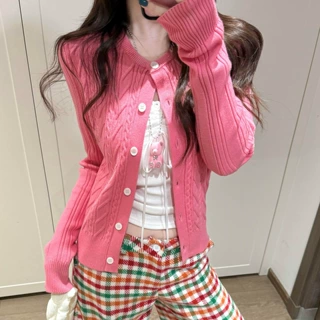 针织开衫女秋季多巴胺玫红色韩系甜美风减龄小众修身毛衣外套上衣