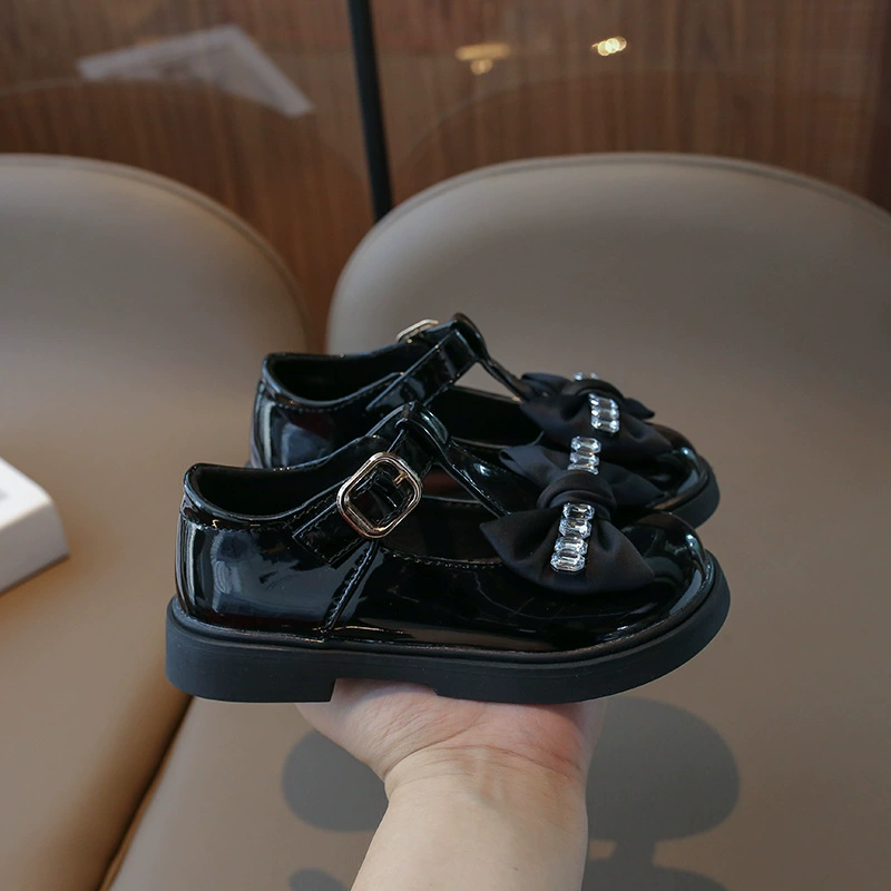Children's shoes for princess for leather shoes, footwear with bow, autumn, Korean style, western style, for teenagers, soft sole