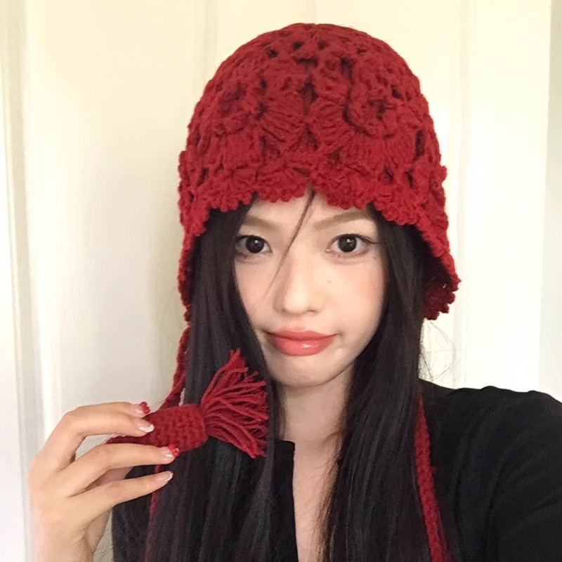 四川西部旅行花タッセル赤いウールの帽子女性の秋と冬のニットつば帽子耳保護顔小さなプルオーバー帽子|undefined