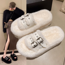 毛毛拖鞋女外穿2025新款秋冬季网红高级感平底兔毛茸茸一字棉拖鞋