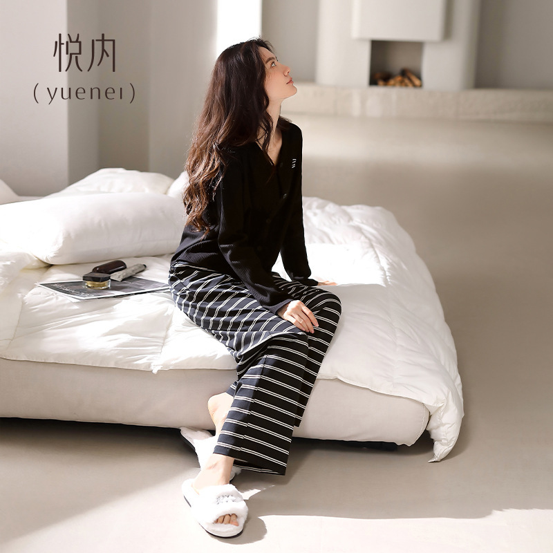 悦内睡衣女春秋季秋款纯棉长袖长裤家居服时尚显瘦黑色高级感条纹|undefined