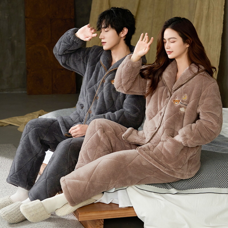 Tres capas gruesas de algodón acolchado pareja pijama de coral vello de invierno para hombres y mujeres ropa doméstica de algodón chaqueta se puede usar fuera