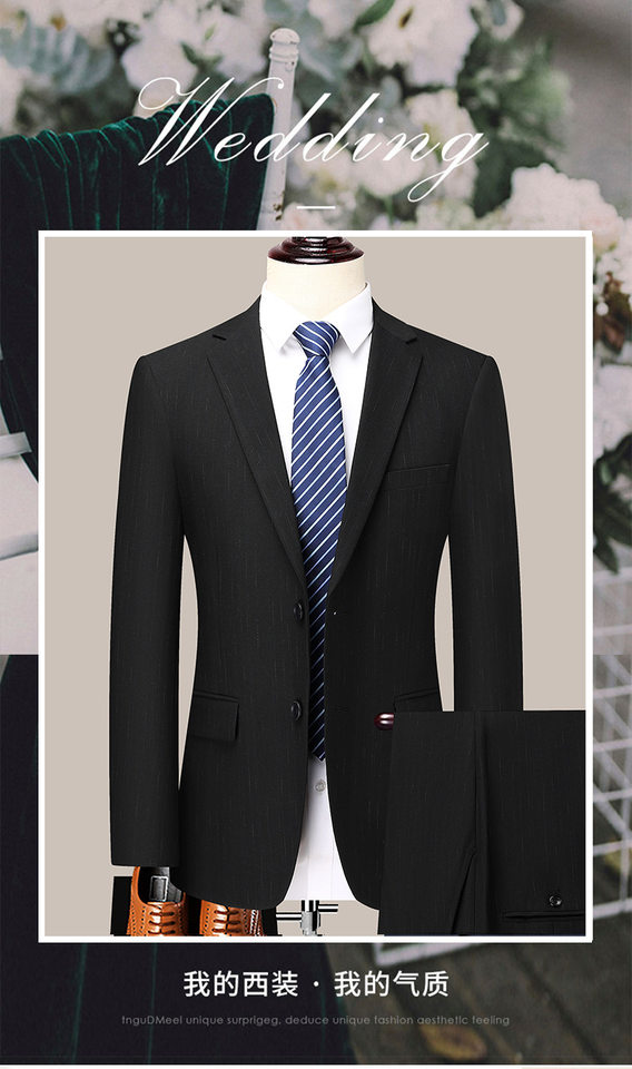 Bộ vest nam công sở giả len xẻ tà sau, áo vest một hàng hai nút dáng thon, phù hợp đi làm và dự tiệc cưới — Màu đen chi tiết 1