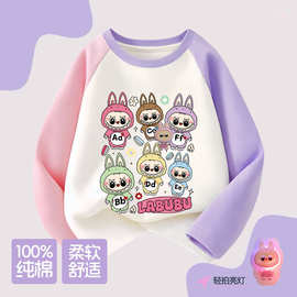 春秋拉布布女童发光长袖T恤2025新款中大童插肩纯棉亮灯打底衫潮t