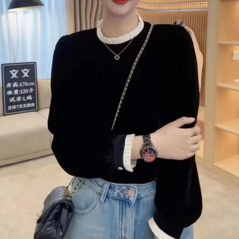 秋季新款半高领纯色百搭上衣女法式高档金丝绒减龄显瘦气质打底衫|undefined