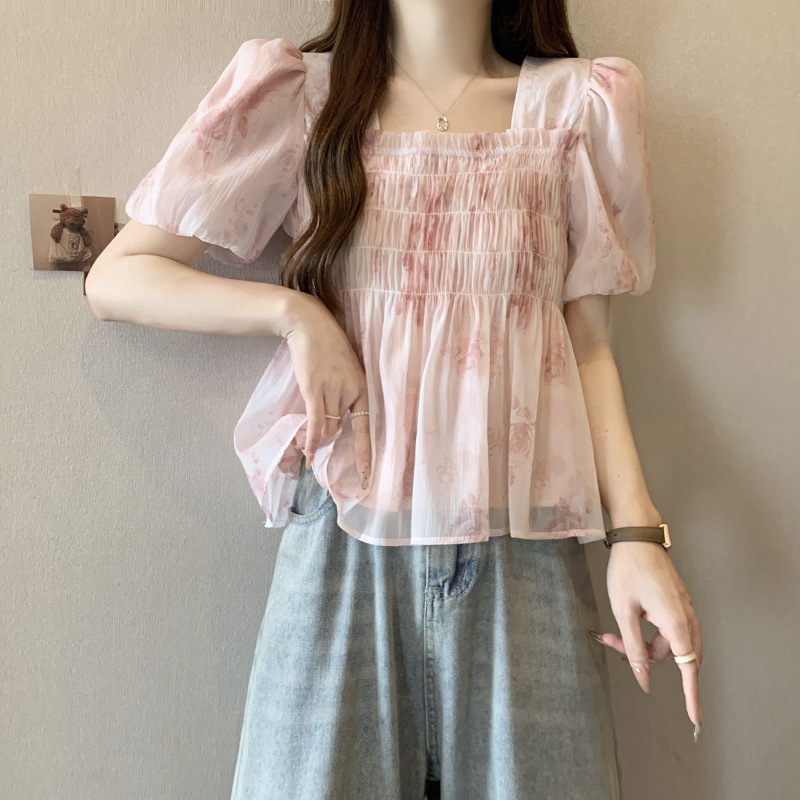 ミントマンボ夏の新しいフレンチスクエアカラー花柄甘い半袖シフォンシャツカレッジスタイルパフスリーブトップ女性用|undefined