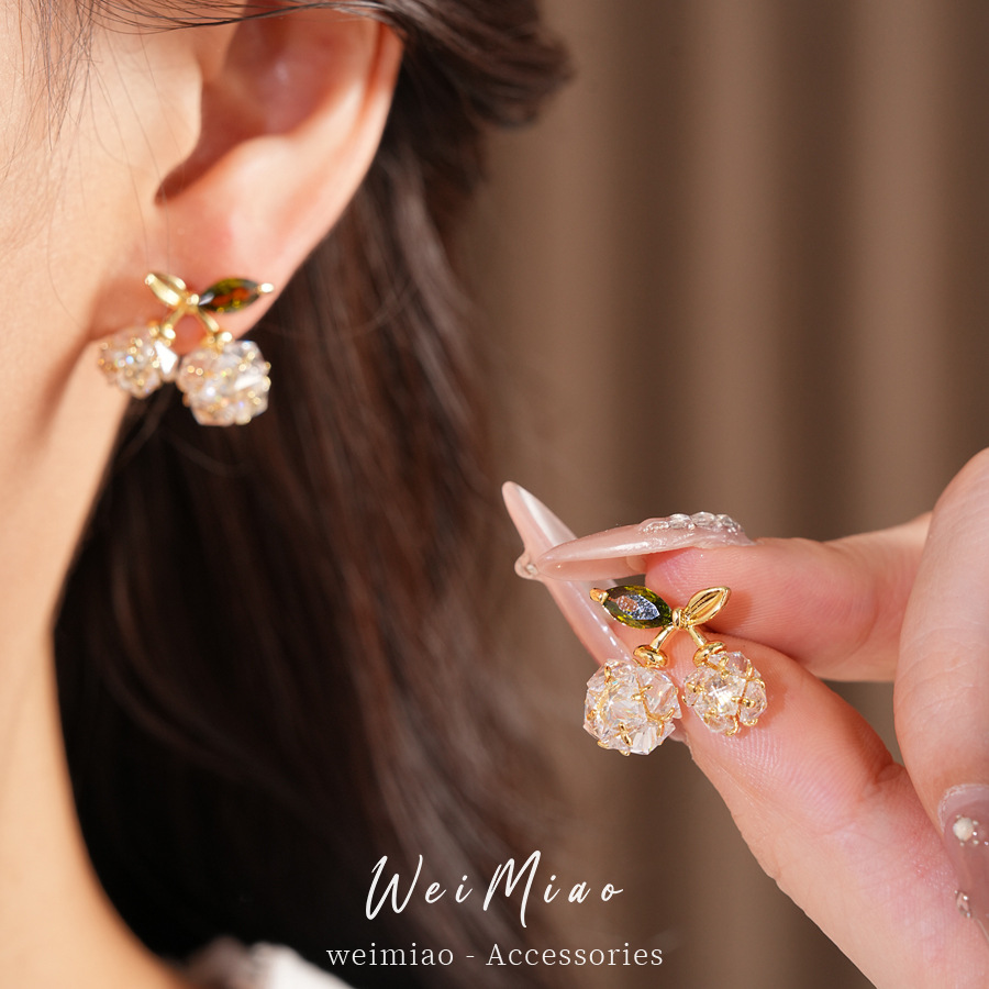14K oro real plateado aguja de cereza de piedra de silicio temperamento delicado pendientes de orejas diarios lujo ligero de alta sensación de orejas image 3
