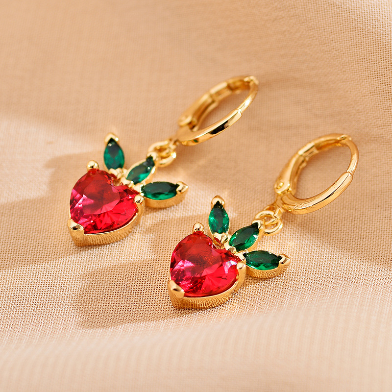 Copper Ear Needle Material Zircon Inlay Material 1 Pair Elegant Leaves Heart Shape Strawberry Inlay Copper Zircon Drop Earrings