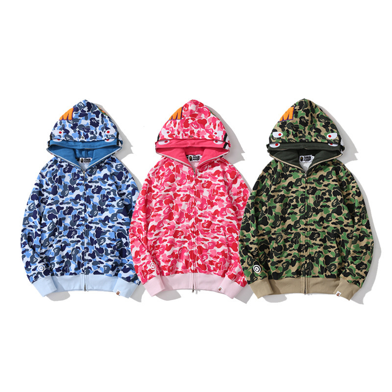 Cross-Border Foreign Trade Wholesale Camouflage Shark Head Double Hooded Sweatshirt Youth Cardigan Zipper Embroidered Autumn and Winter Velvet Jacket