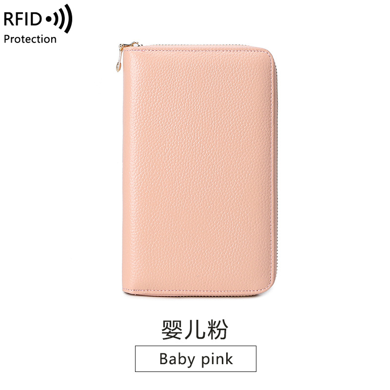 Primera capa de piel de vaca órgano pasaporte bolsa RFID larga Cartera de cuero genuino hombres y mujeres bolsa de identificación multifuncional cremallera teléfono móvil bolsa