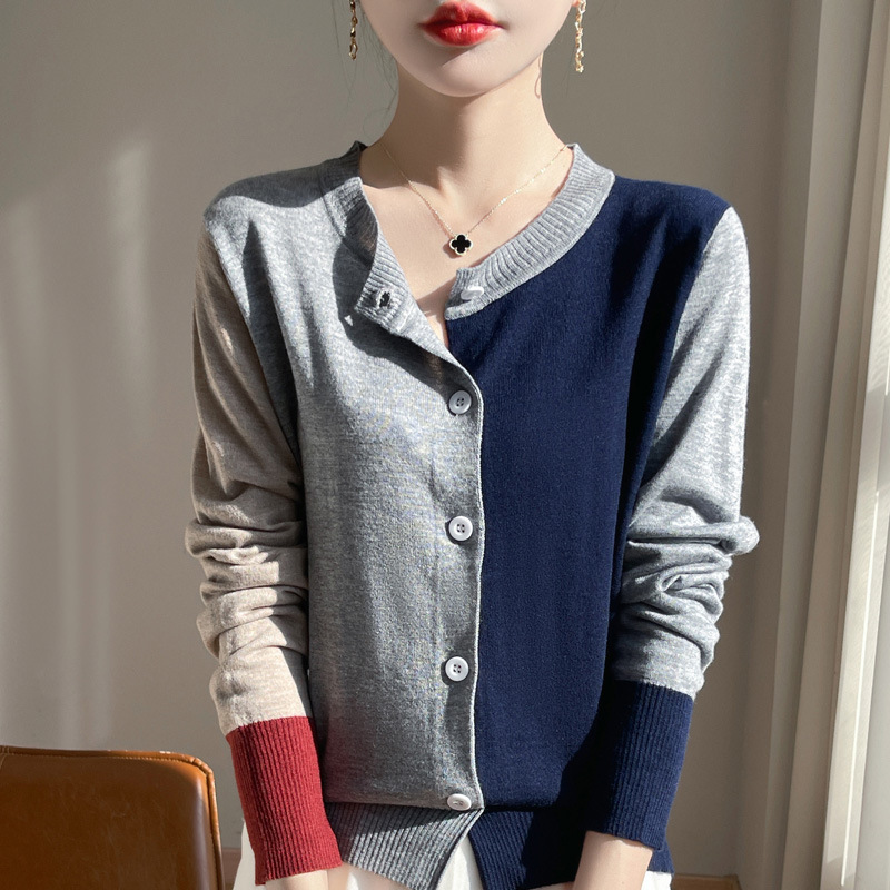 Crewneck Color Matching Worsted Wool Cardigan Women's Spring and Autumn Long-sleeved Knitted Jacket Sweater Loose Lazy Style Outer Top Crewneck Color Matching Worsted Wool Cardigan Women's Spring and Autumn Long-sleeved Knitted Jacket Sweater Loose Lazy Style Outer Top