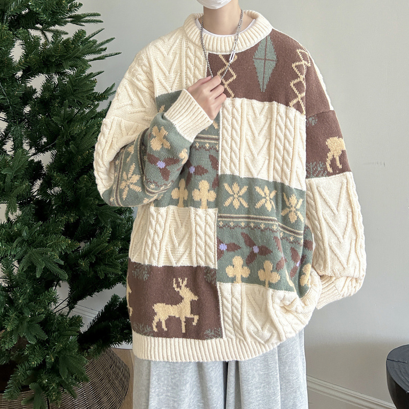 Autumn and winter new foreign trade wholesale Christmas sweater men's sweater plus size stitching sweater crew neck pullover men's sweater