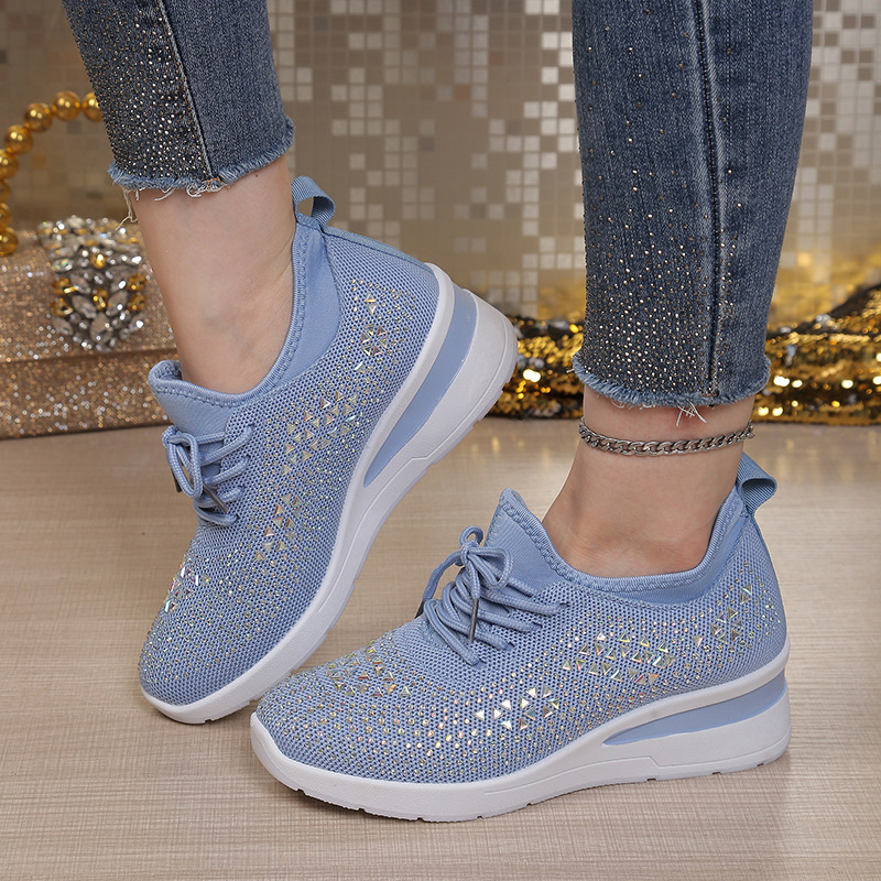 Popular Foreign Trade Casual Fabric Shoes for Women, with Rhinestones, Fly-Knit Breathable Wedge Heels, Thick-Soled Walking Shoes, Multi-Color Mixed Batch, Dropshipping Available