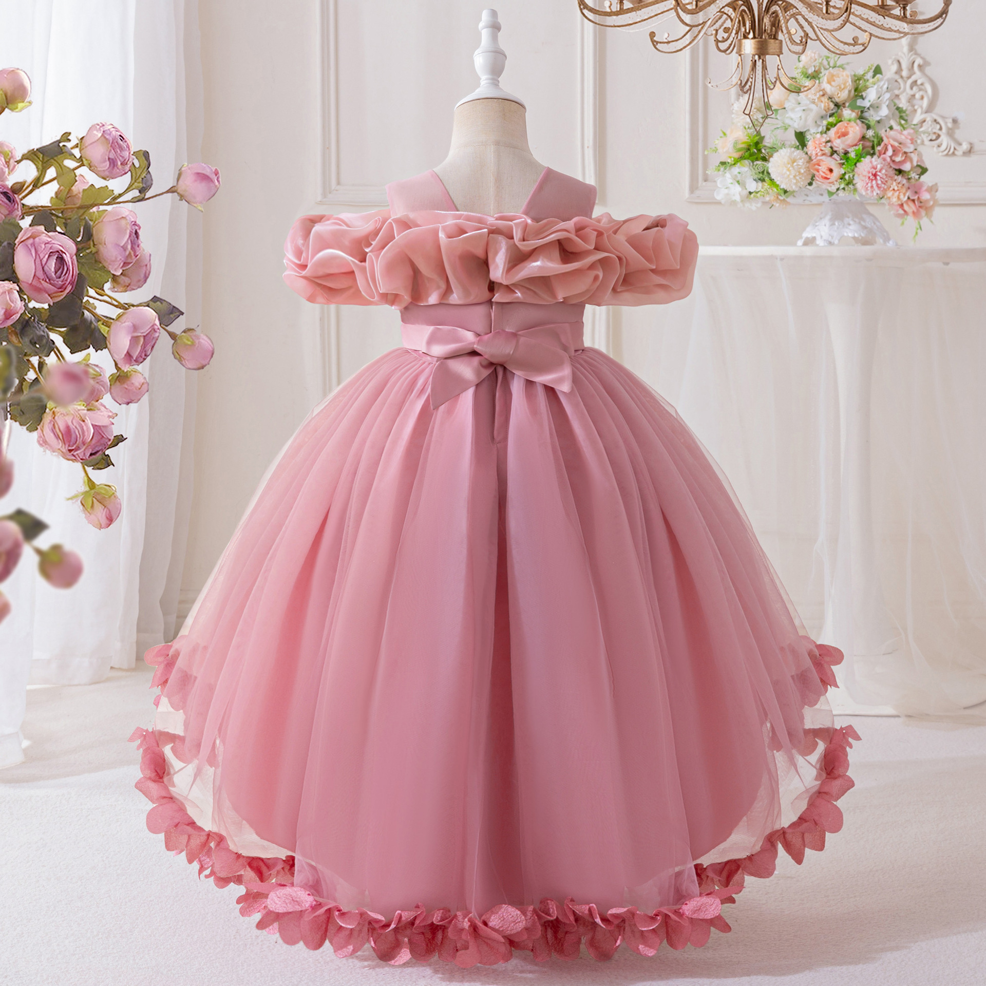 Amazon vestido infantil de lujo ligero red vestido de princesa vestido de boda banquete piano show vestido de hombro