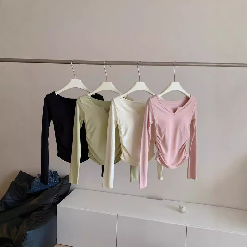 Early Autumn New 3103# Bubble Pleated Waist Slim V Neck Long Sleeve T-shirt with Chest Pad Slim Sports Top Early Autumn New 3103# Bubble Pleated Waist Slim V Neck Long Sleeve T-shirt with Chest Pad Slim Sports Top