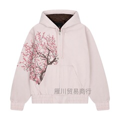 跨境复古秋冬樱花印花连帽卫衣y2k街头宽松潮流休闲拉链外套男女