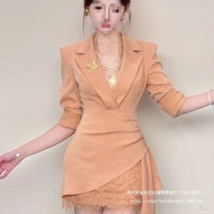 法式蕾丝拼接不规则长袖西装连衣裙女2025春季新款气质百搭短裙子