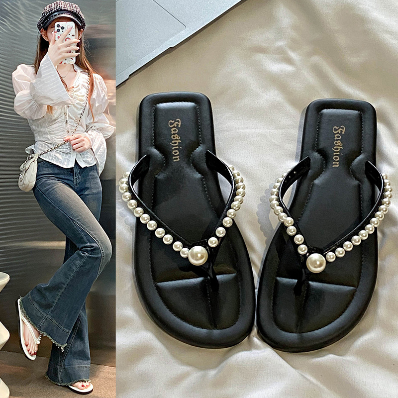 Summer New Solid Color Fashion Versatile Pearl Thong Women's Sandals Flat Low Heel High-End Women's Shoes