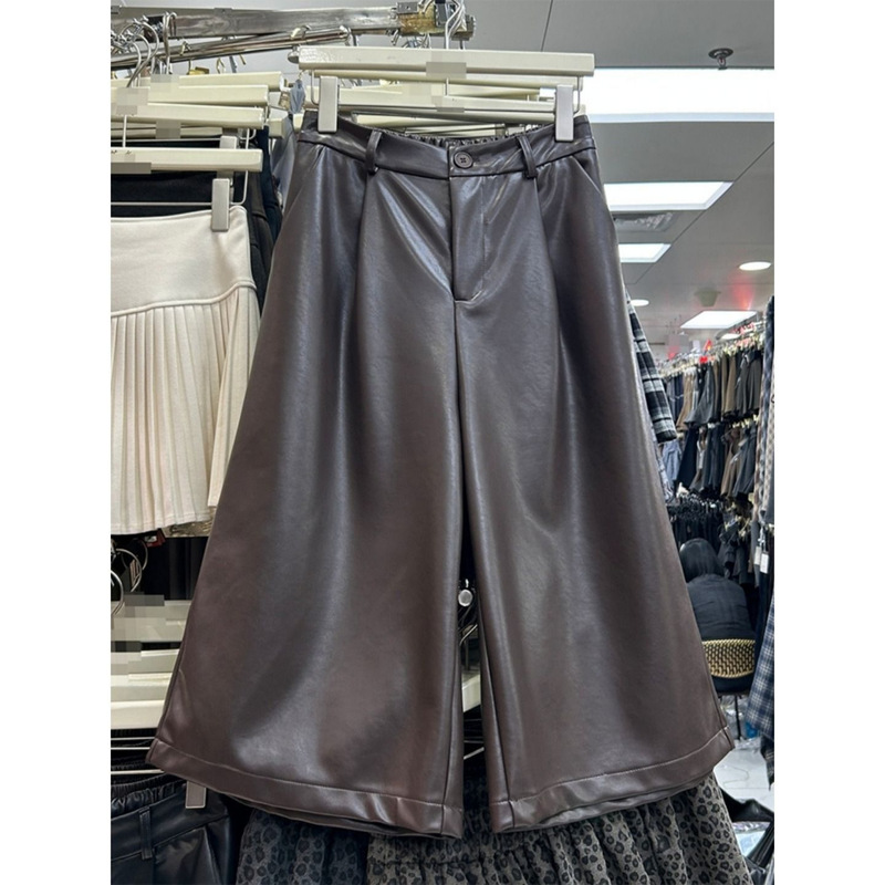 Plus-Size Brown Cropped Pu Leather Pants for Women, Autumn and Winter New High-Waisted Slimming Loose Cropped Straight Wide-Leg Pants