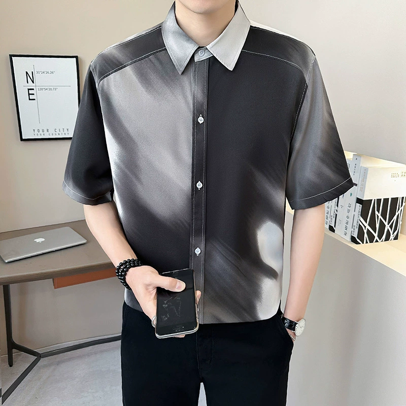 Модная мужская рубашка с короткими рукавами из ледяного шелка 2025 года с уникальным дизайном для нишевых ночных клубов, стильная и свободная рубашка с пятиконечными рукавами.