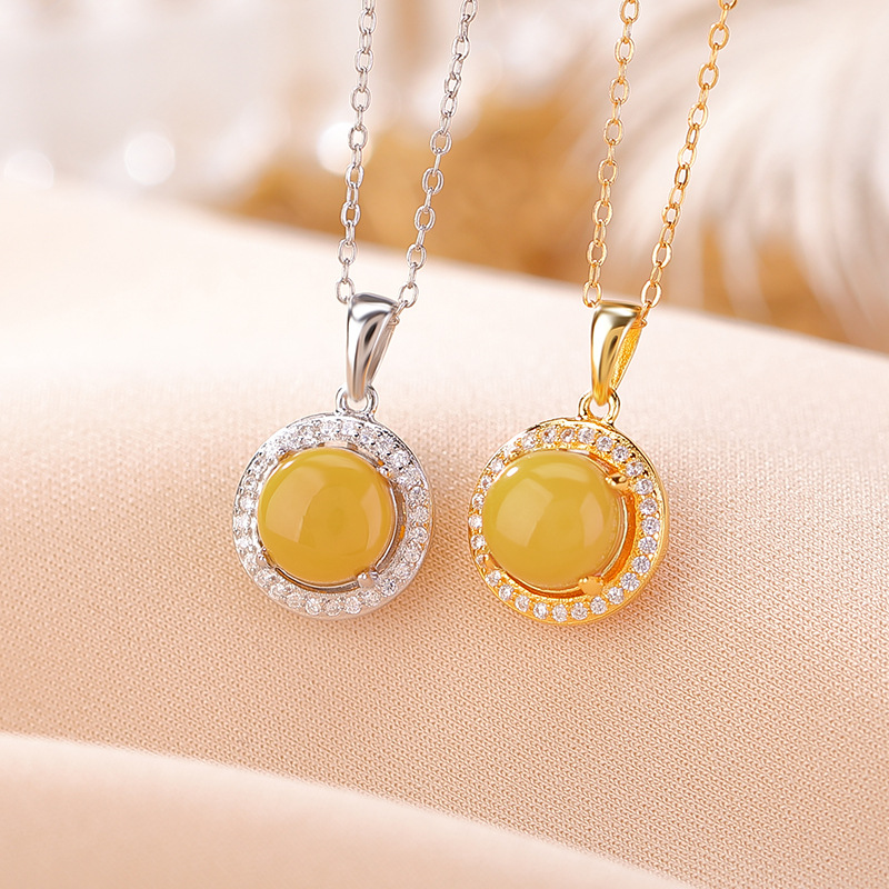 Mặt dây chuyền bạc S925 mạ vàng sáp ong viền zircon hình tròn phong cách hoang dã — Bạc (mặt dây chuyền đơn)