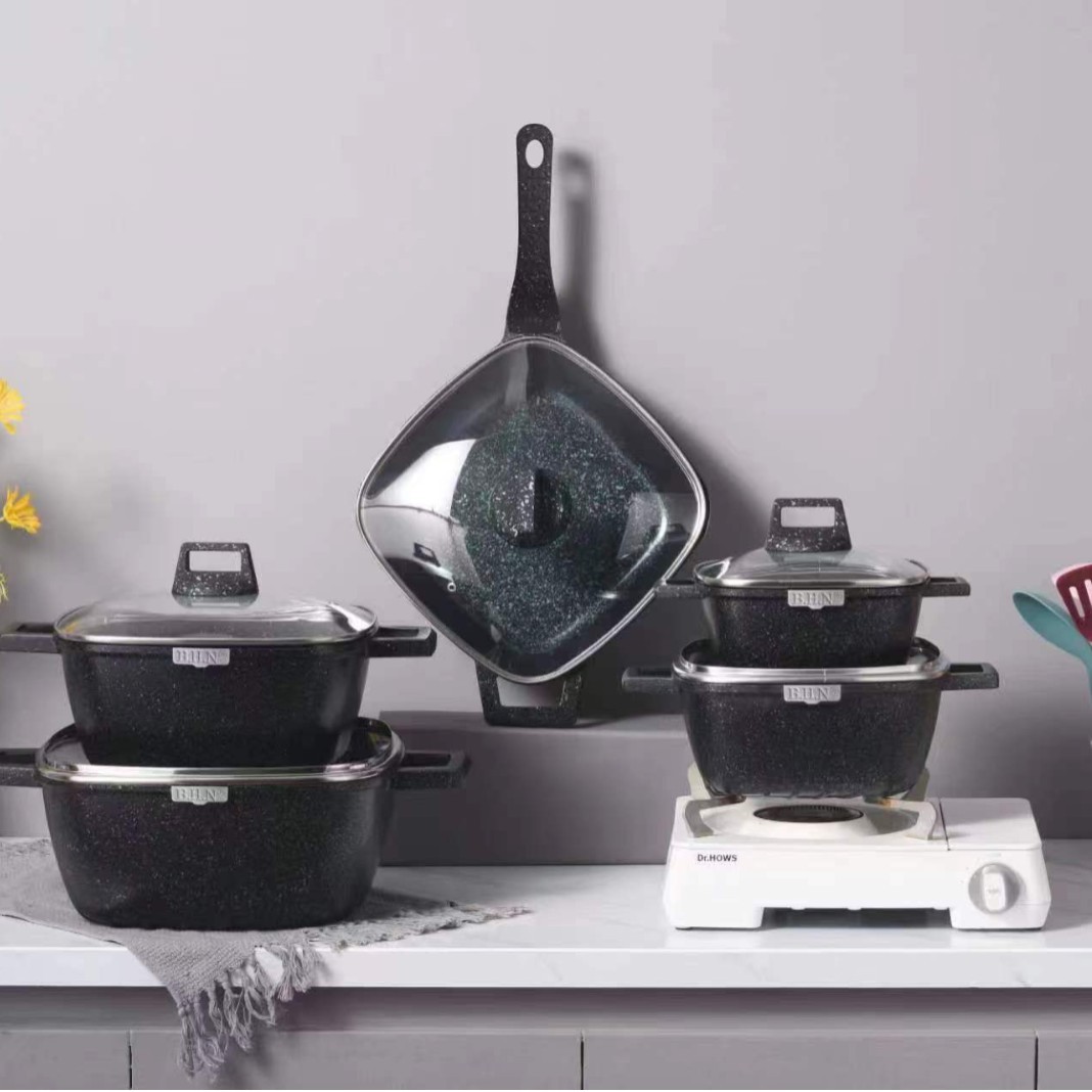 21PCS SET COOKWARE 21-piece SET cuadrado sopa sartén antiadherente traje kit de olla de aluminio maifan piedra olla SET