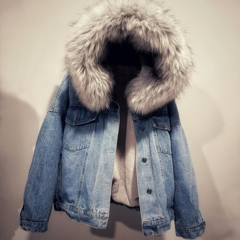 2026 Autumn and Winter New Korean Style Hooded Cotton Jacket, Thickened and Fleece-Lined Short Denim Jacket, Fashionable Large Fur Collar Cotton Jacket for Women