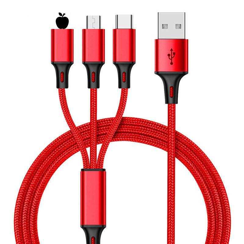 Apple Android タイプ 1 対 3 データケーブルに適した工場出荷時のナイロン編組スリーインワン携帯電話充電ケーブル|undefined