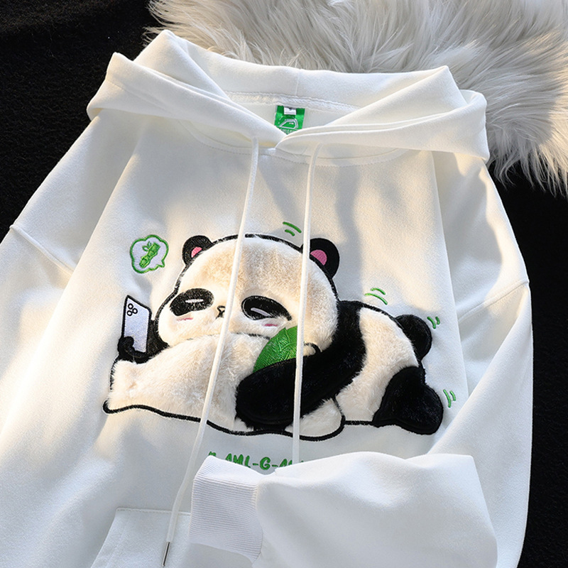 National Fashion oversize Flocking Cute Panda Hooded Sweatshirt for Men and Women Autumn Loose BF Lazy Style Couple Jacket