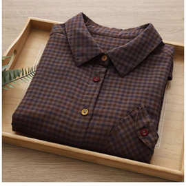 现货秋季新款复古格子长袖衬衫彩色扣子休闲宽松叠穿棉麻开衫衬衣