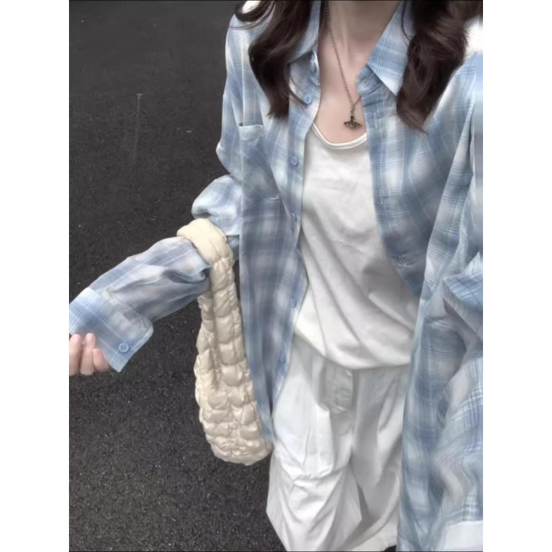 Korean Plaid Shirt Women's Spring and Summer New Loose Lazy Style Long-Sleeved Shirt Jacket Casual Sun Protection Shirt Top