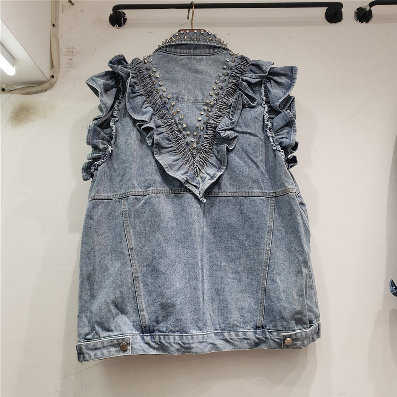 Estación Europea 2023 otoño nueva industria pesada con cuentas de diamantes sueltas Denim adelgazar Chaleco de todo fósforo marca de moda transfronteriza femenina image 2