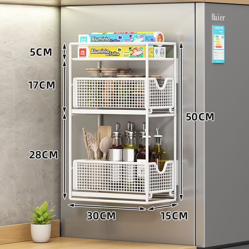 Estante de almacenamiento lateral de refrigerador Estante de almacenamiento lateral de cocina Botella de condimentos multicapa de perforación colgante de pared lateral Cesta de almacenamiento