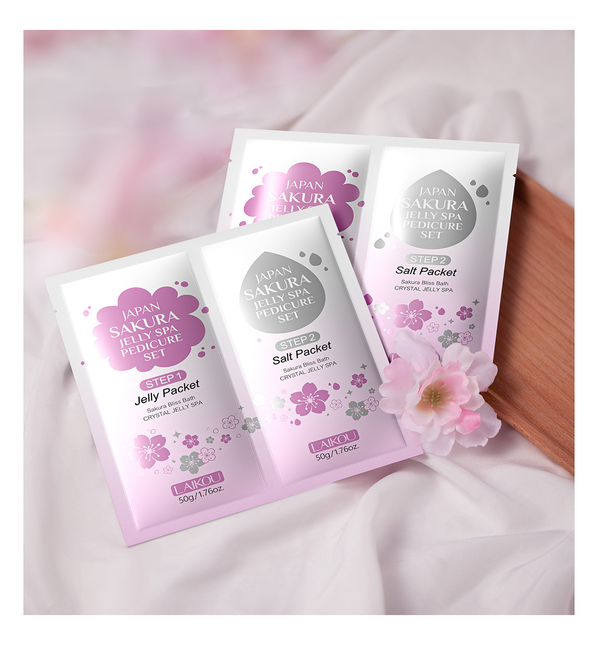 Laikou Cherry Blossom Foot Bath Salt 50g+50g hydrates, moisturizes, cleanses and leaves a lasting fragrance. Factory in stock, one-piece consignment undefined