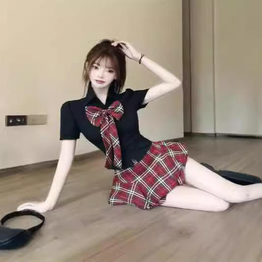 대학 스타일 핫 걸 JK 유니폼 세트 여름 반팔 활 슬림 핏 셔츠 높은 허리 유료 스커트 투피스 세트