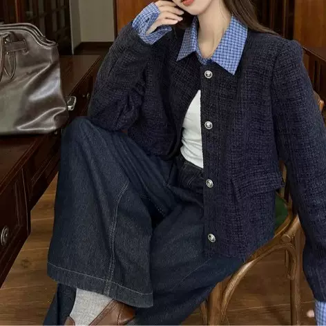 黑色假两件小香风短外套2025新款女春秋感气质格纹上衣