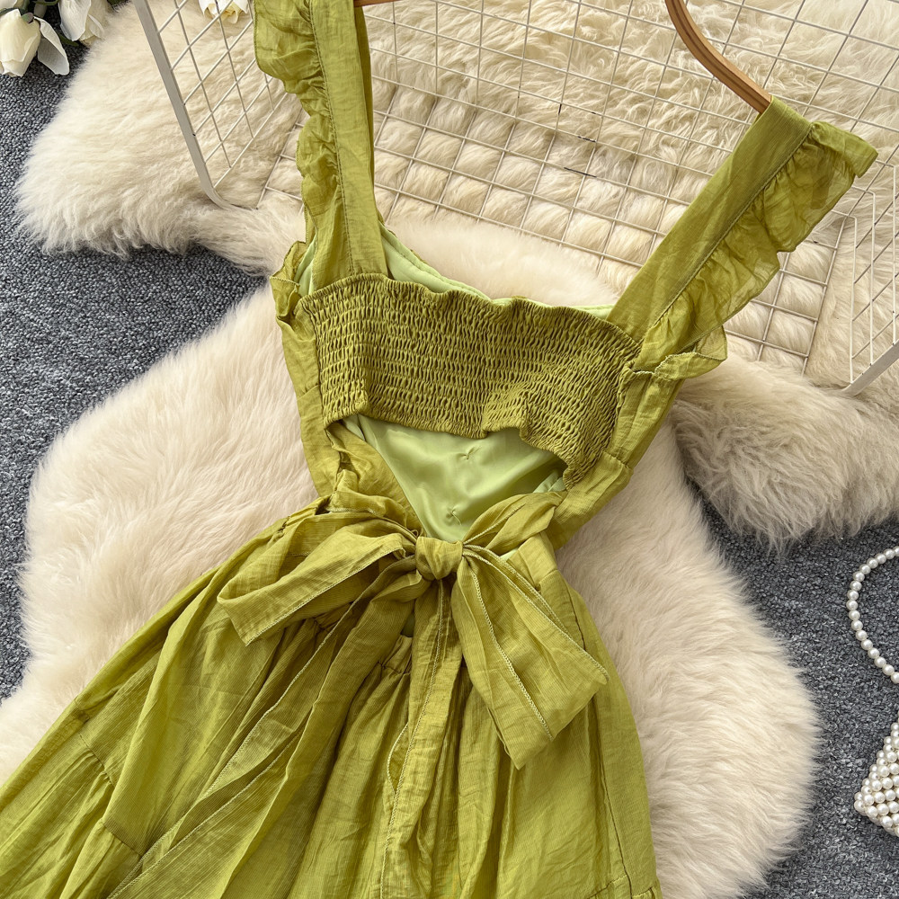 Women's Romantic Style Sleeveless Dress Playful Suspender Tie Waist Slimming A-Line Skirt For Summer Vacation_ecoleips.com