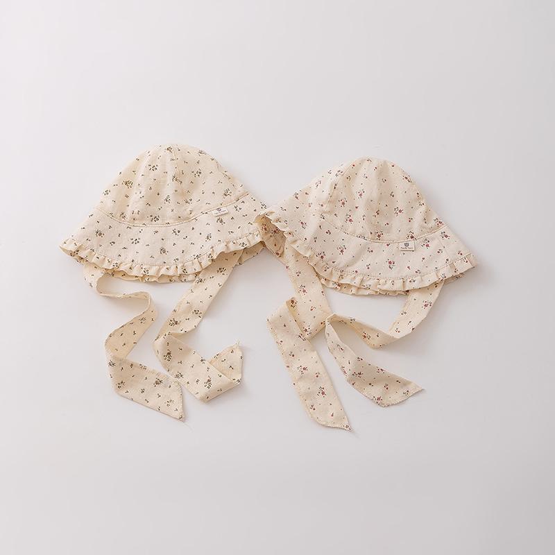 1-2 Sombrero infantil primavera y otoño delgado sombrero de pescador para bebés de estilo francés flor triturada sombrero de protección solar gran gorro
