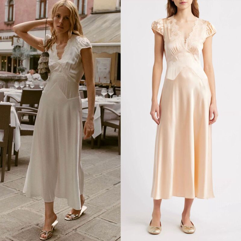 Moonlight White Satin·Moonlight Washes over Like a Wash of Water High-End Soft Satin Silk Lace Embroidery Short-Sleeve Dress