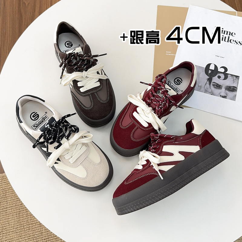 Shougu Thick-Soled Red Moral Training Shoes Women's 2025 Autum New Casual Versatile Classic Genuine Leather Sneakers Trend