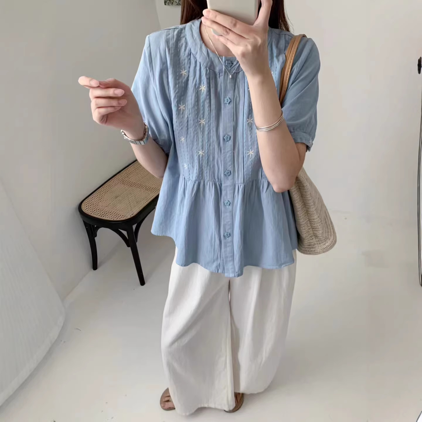 日系森系刺绣棉质衬衫女夏季新款宽松百搭减龄小清新短袖上衣小衫