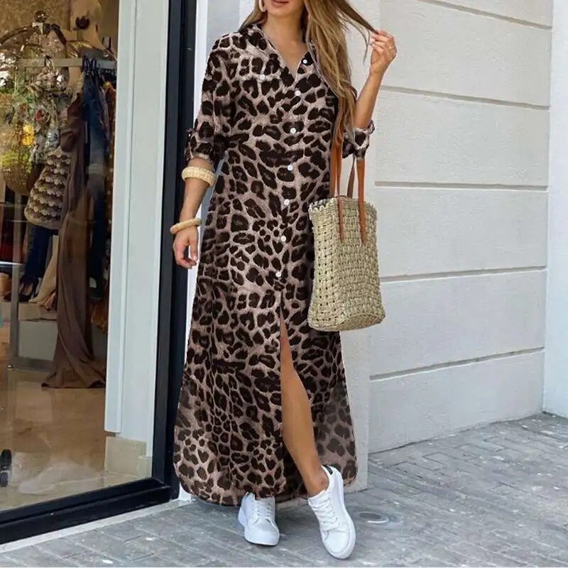 2026 New Women's Clothing Models, Cross-Border European and American Spring and Summer Casual Leopard Print Fashion Slit Ultra-Long Women's Shirt Dress
