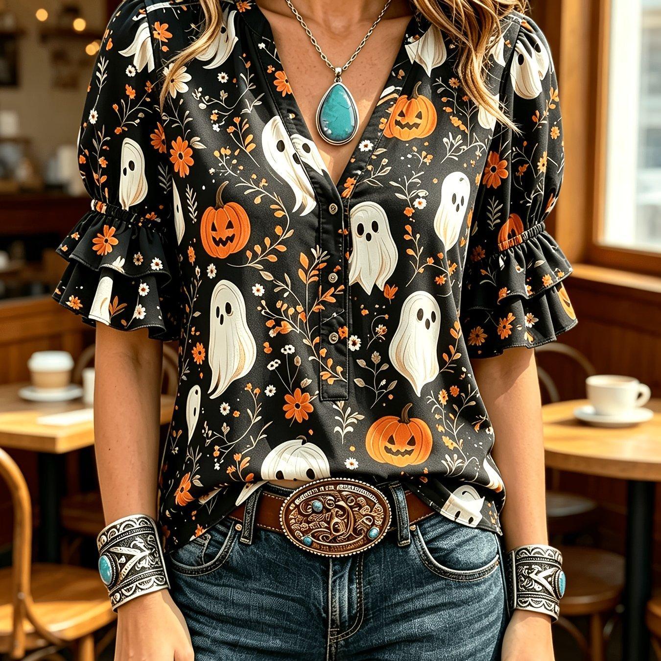 Transfronterizo exclusivo para camisas de impresión vintage mujeres sueltas de cuello en V de manga corta chaqueta bohemiana Europa y América nuevo transfronterizo image 25