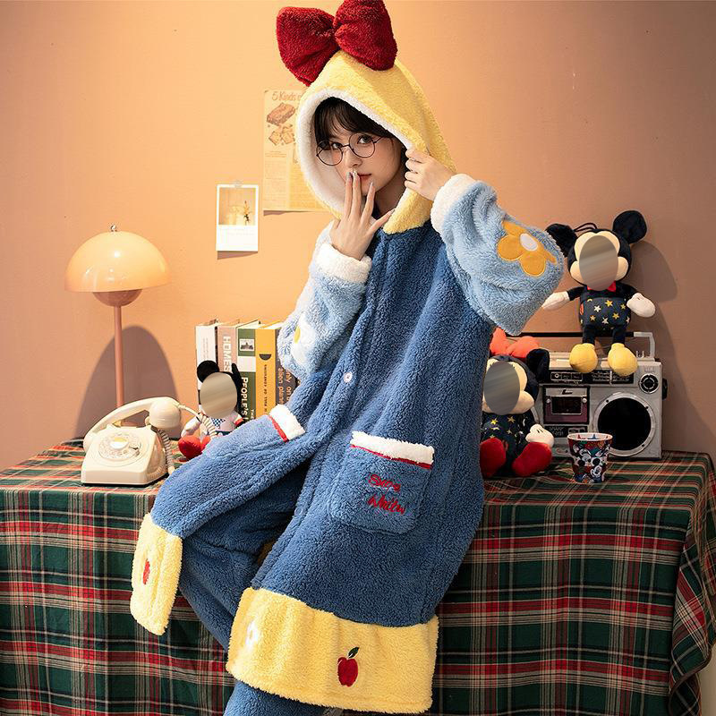 Otoño e Invierno de coral de lana de dibujos animados camisón para las mujeres forrado de lana engrosada homewear camisón franela nieve blanca pijamas traje