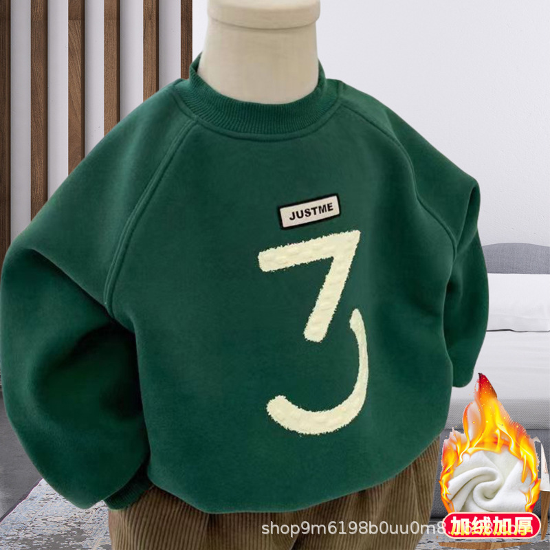 Children's Clothing Velvet Thickeneded Boys' Round Neck Sweatshirt 23 Winter New Style Girls' Warm and Thickeneded Letters Contrasting Korean Style Top